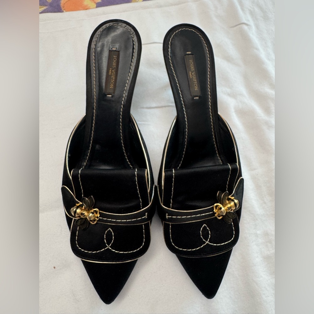 Louis Vuitton Black Suede Pointed-Toe Mules with Gold Bee Accent size 40